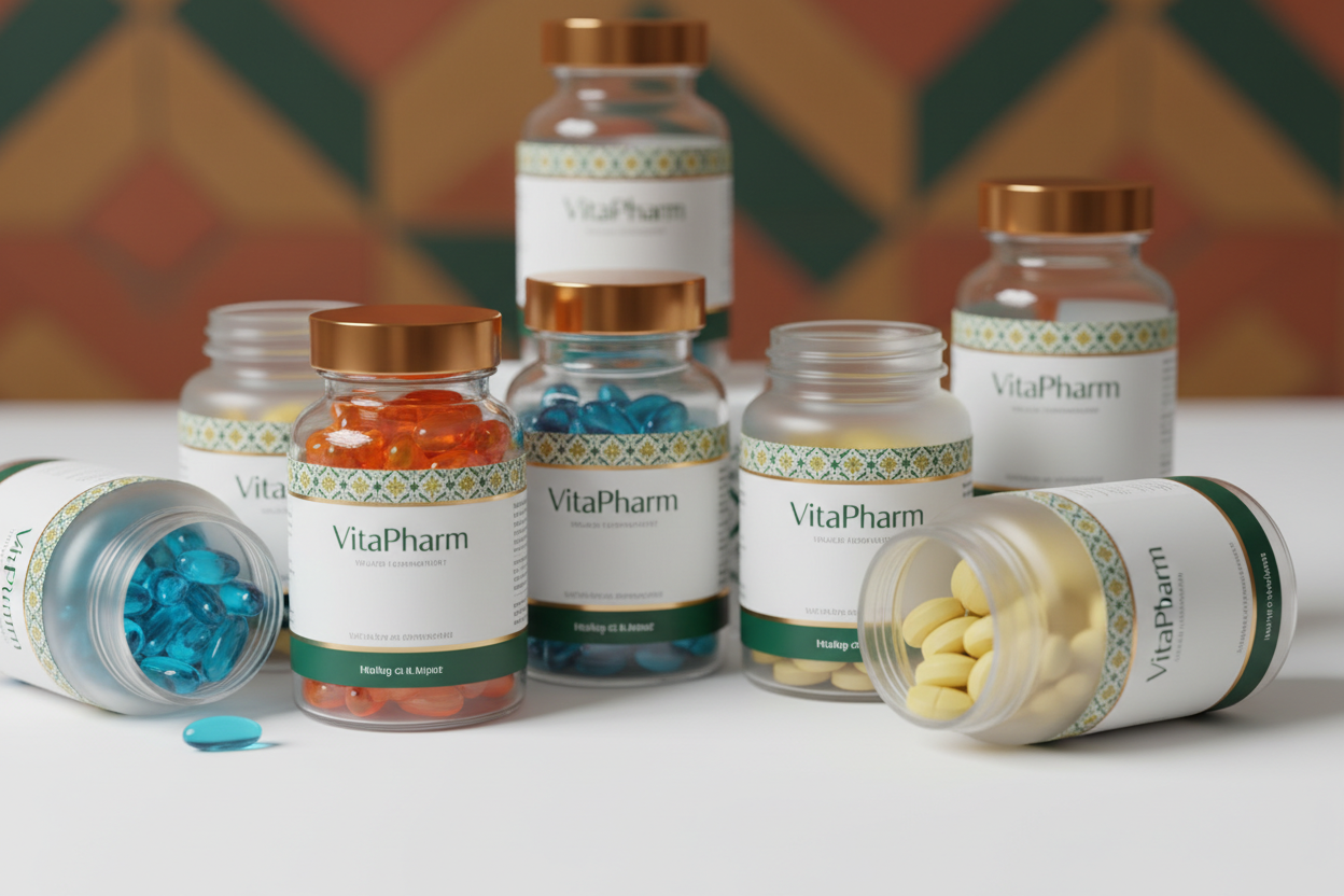 the name in the bottles must be: VitaPharm, and add also bottles of suplliment and capsules